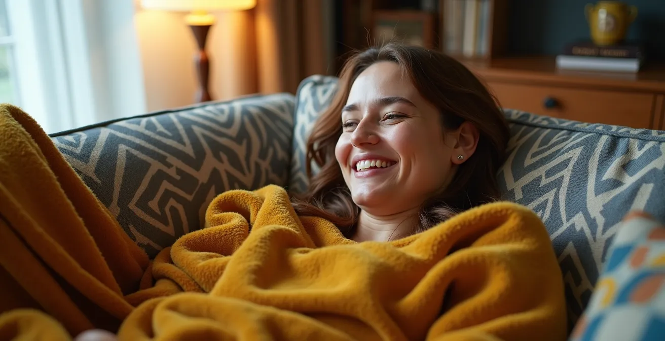 Sofá básico de IKEA elegantemente transformado con mantas de terciopelo mostaza y cojines geométricos