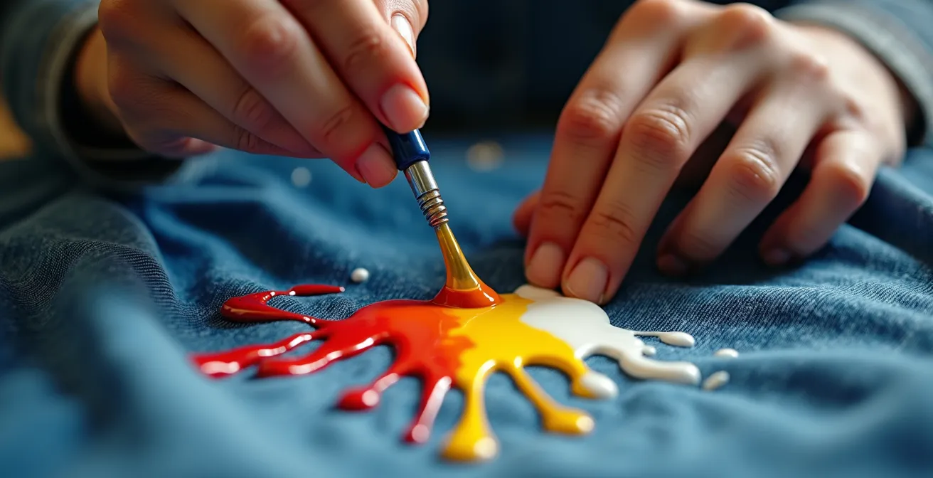 Primer plano de manos aplicando pintura con técnica dripping sobre chaqueta vaquera