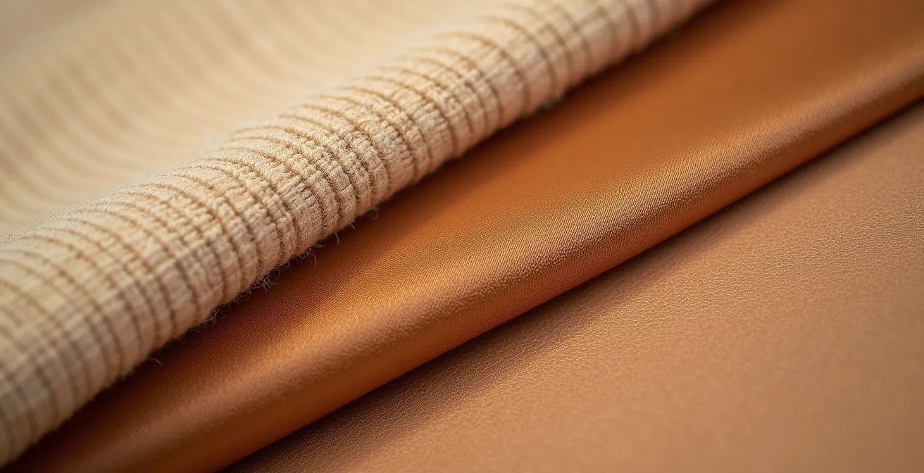 Detalle macro de tres texturas diferentes en tono camel: lana, seda y cuero