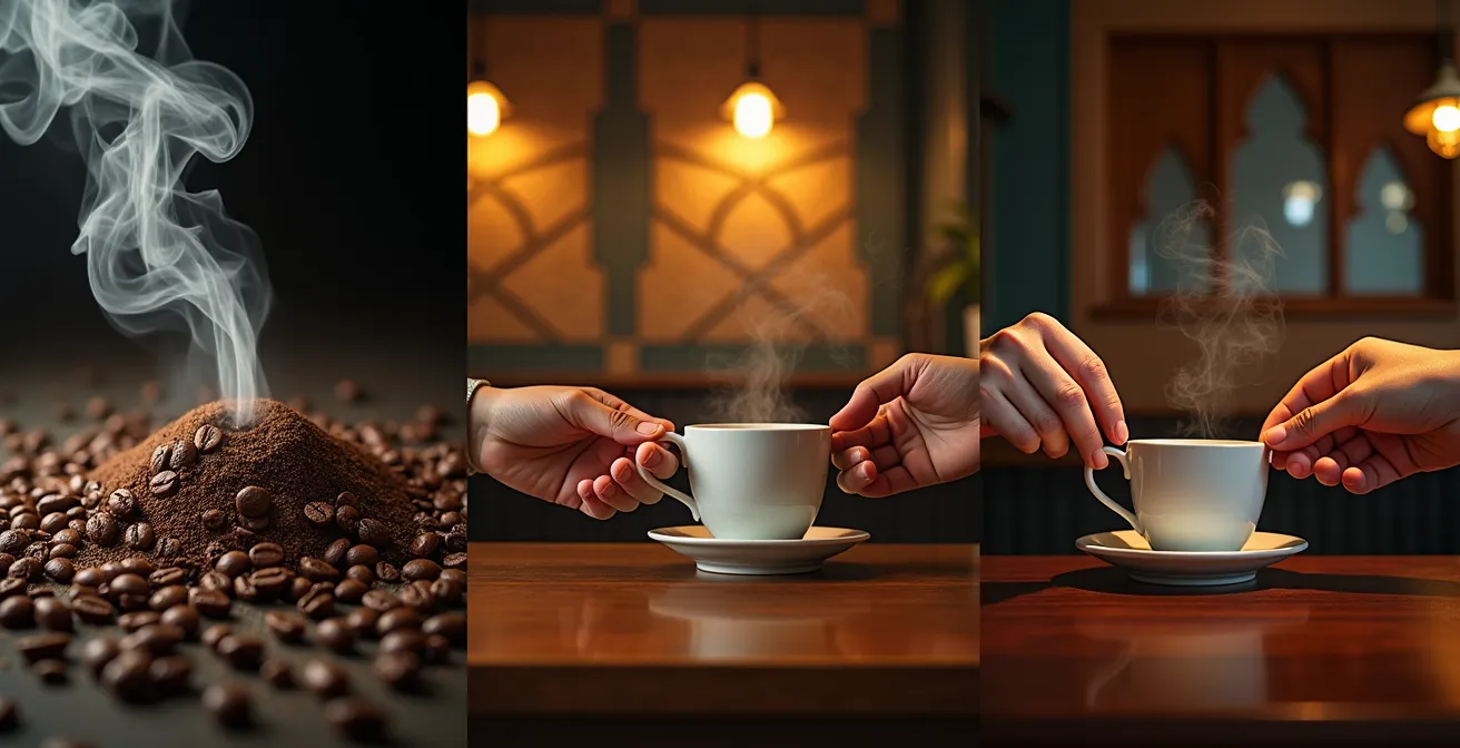 Composición visual del triángulo de valor mostrando producto, espacio y comunidad en un café