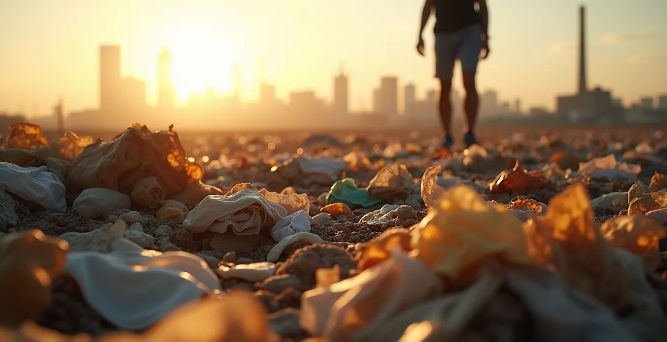 Vertedero textil mostrando la descomposición lenta de materiales sintéticos y dispersión de microplásticos